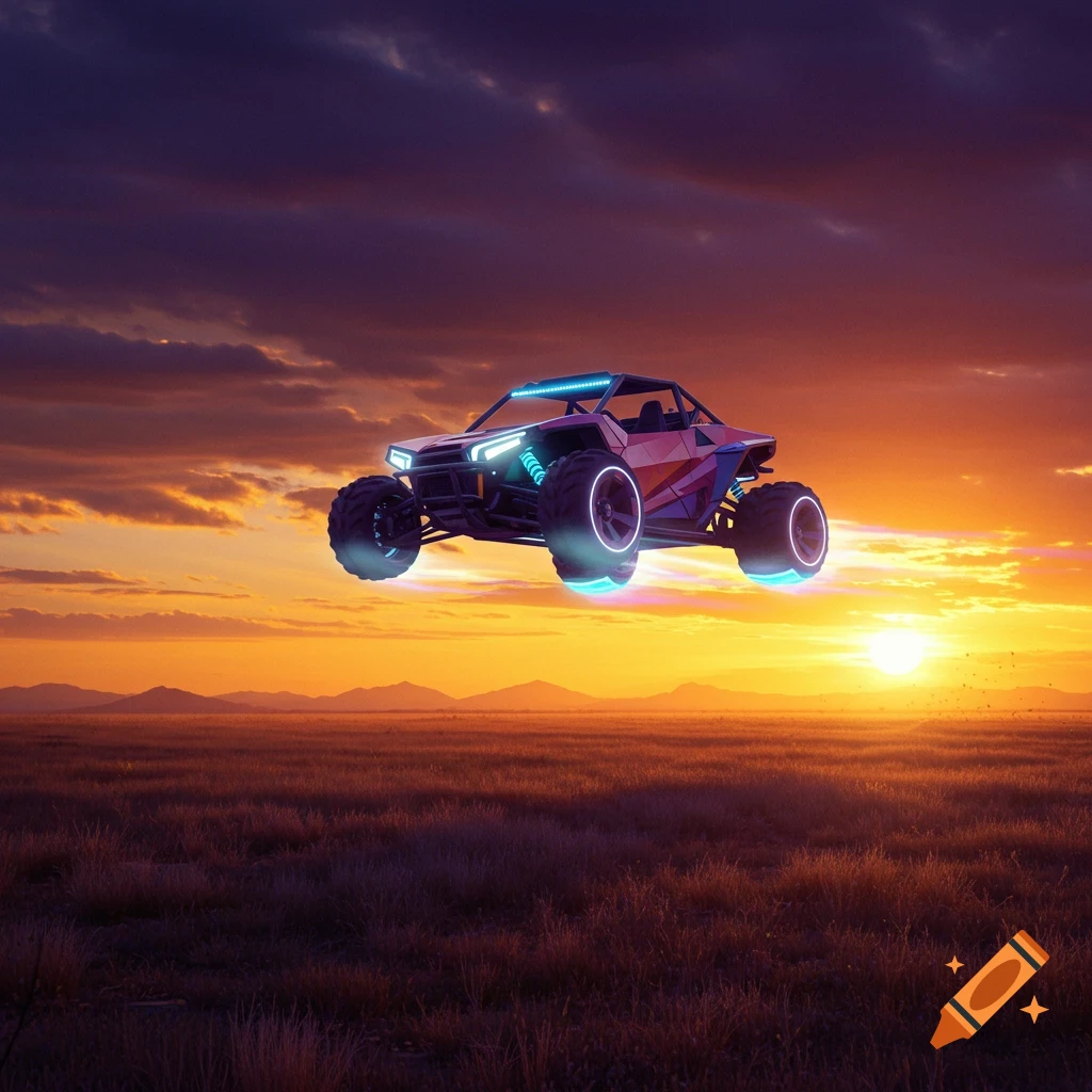 A futuristic buggy with glowing wheels flies over a grassy field at sunset, digital art.