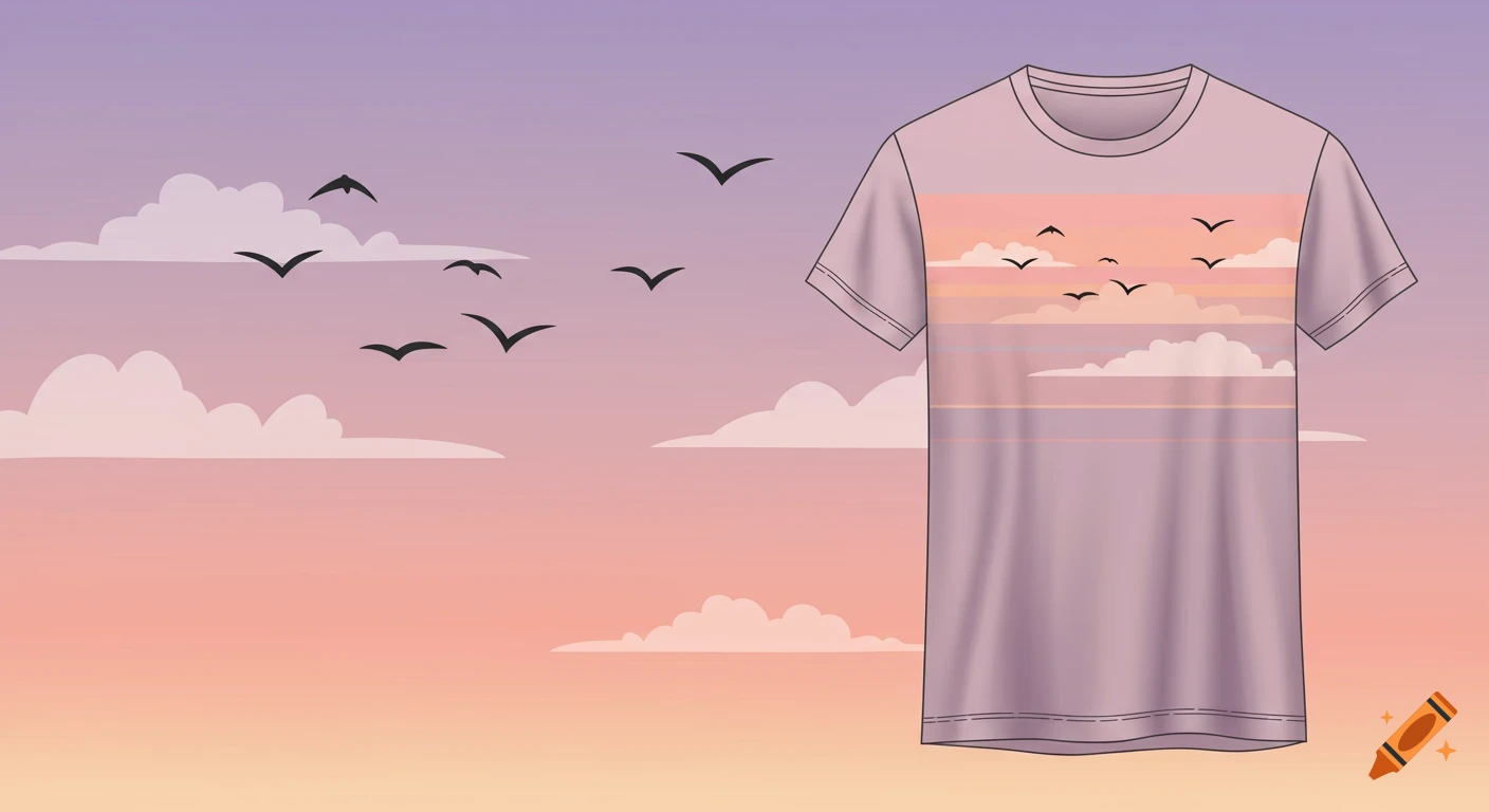 Vector art illustration of a pastel sunset sky with flying birds, featured on a t-shirt mock-up.