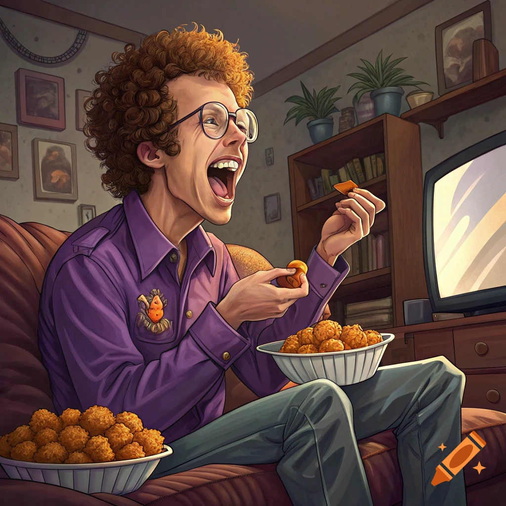 A man resembling Napoleon Dynamite sits on a couch eating tater tots and watching TV.