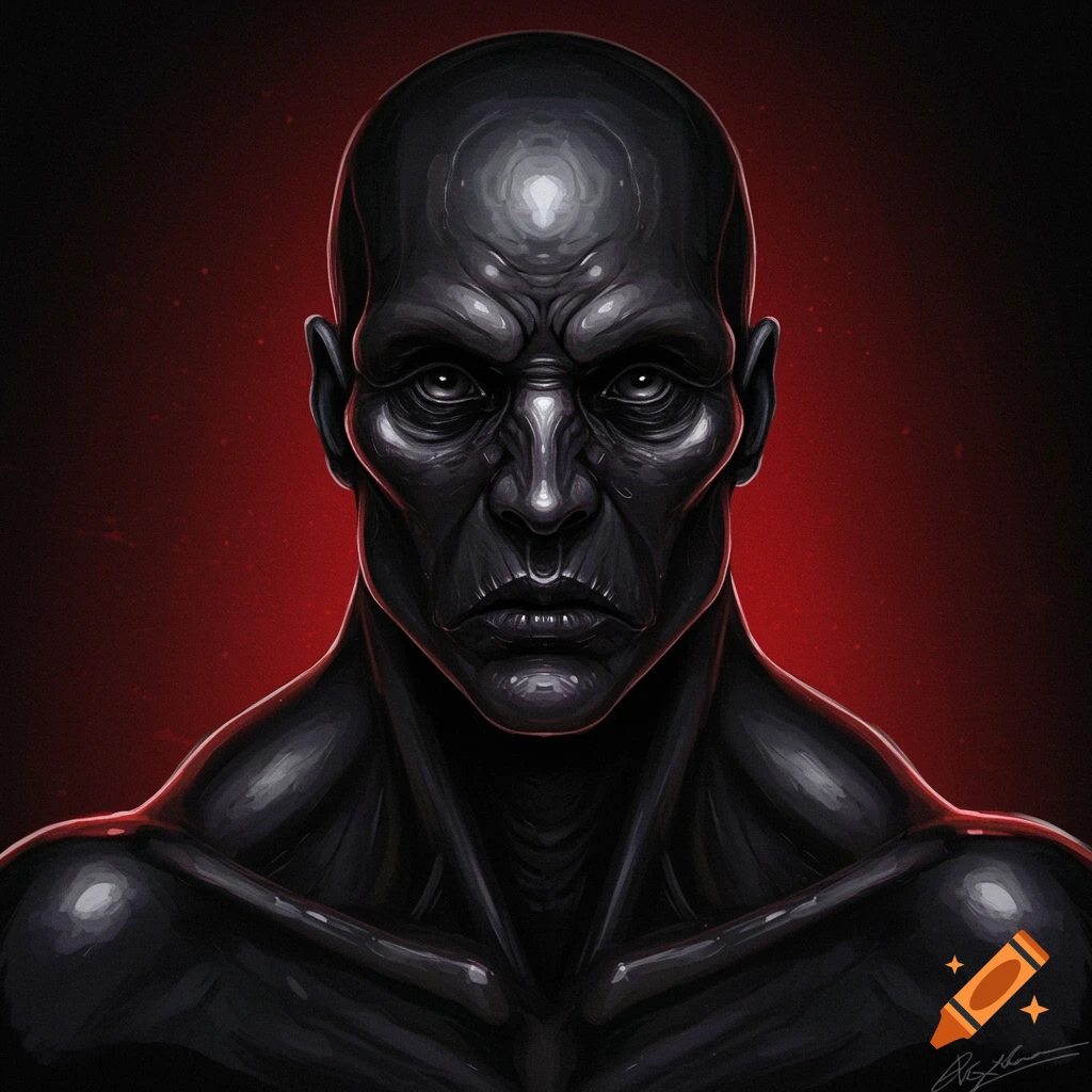 Close-up of a dark, stylized creature portrait with glossy skin and glowing highlights against a red background.
