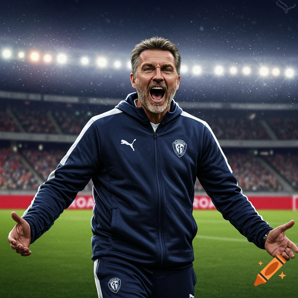 Excited sports coach shouting with arms wide in a stadium.
