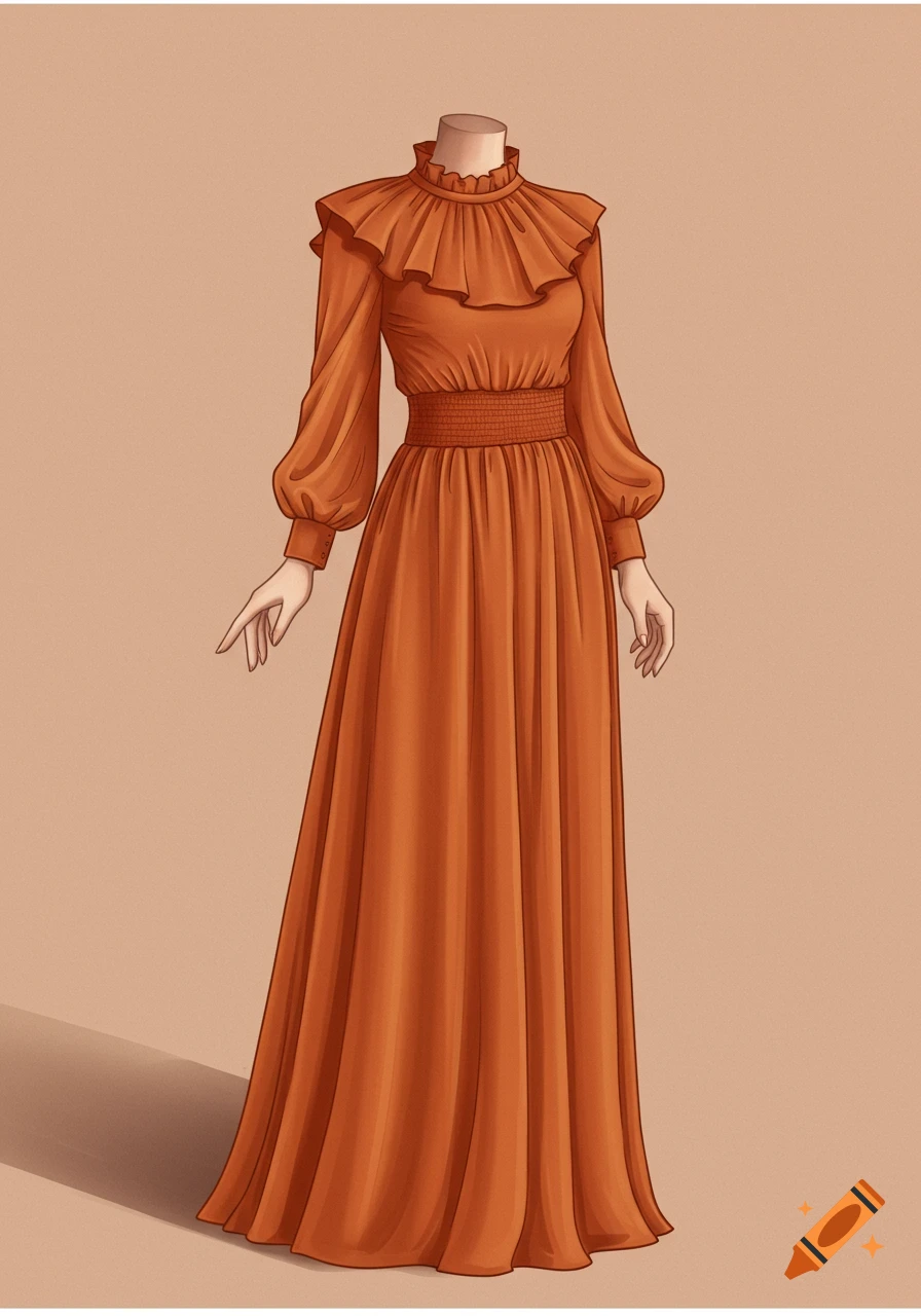 A burnt orange ruffled dress with elastic waist.