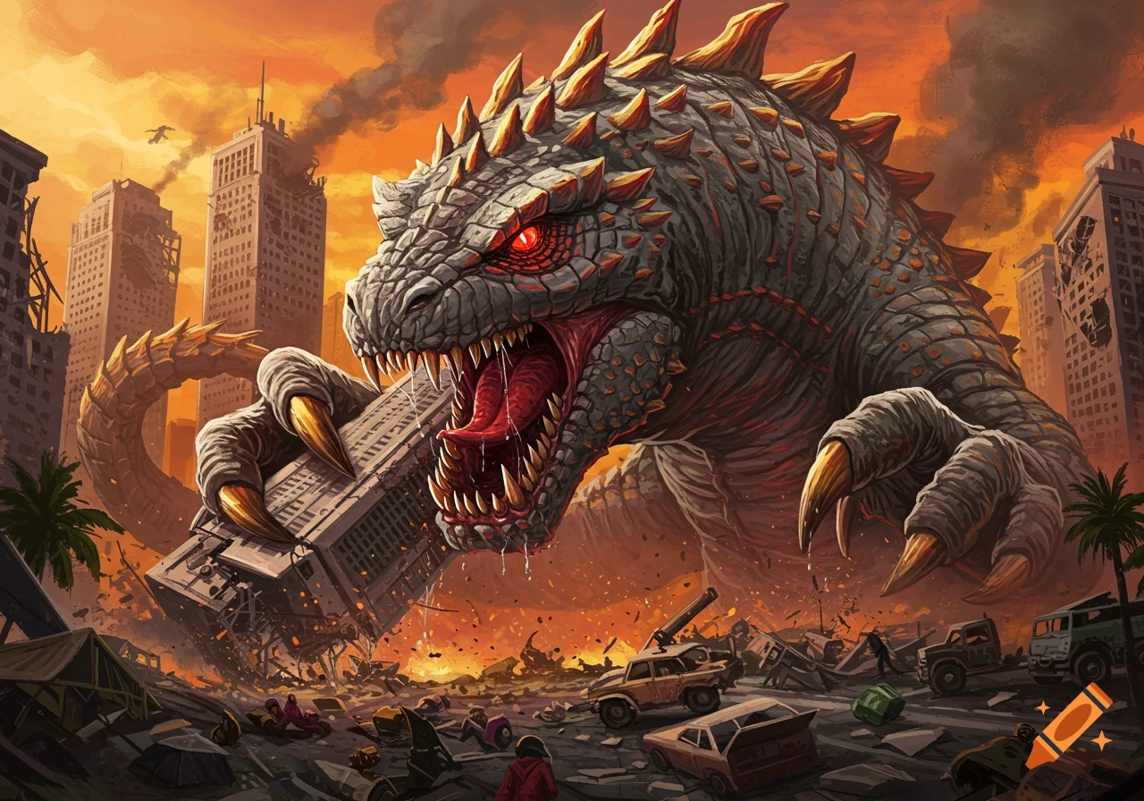 A giant monster is destroying a city, holding a building in its claw.