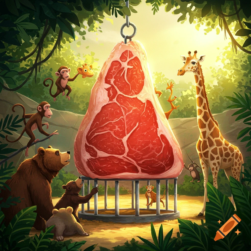 Cartoon animals look at large hanging meat in a cage in a jungle.