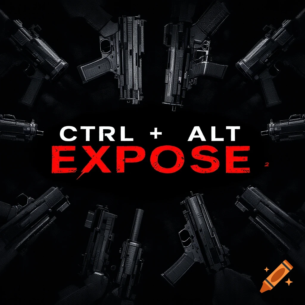 Dark image with multiple guns aimed inwards around the text CTRL + ALT EXPOSE
