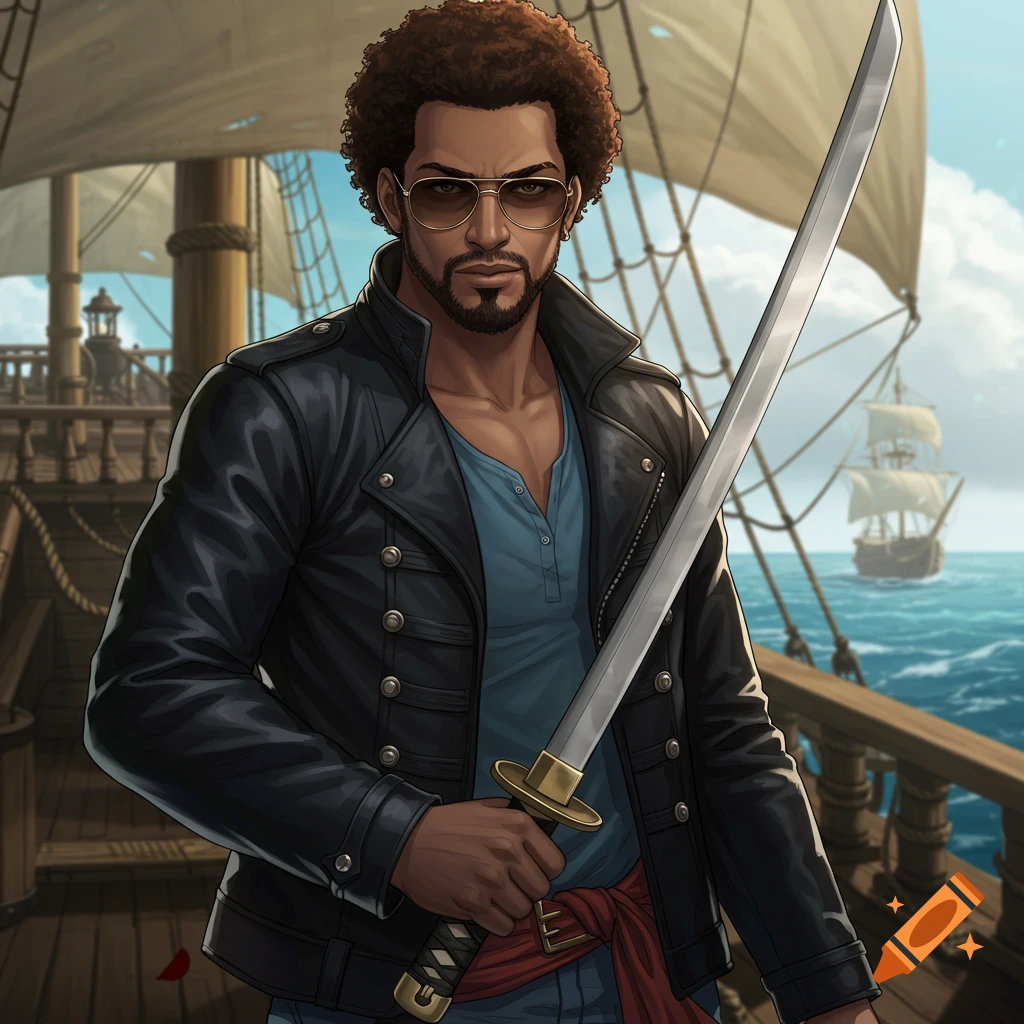Anime style portrait of a man with an afro, beard, sunglasses, leather jacket, and blue shirt holding a katana on a pirate ship.