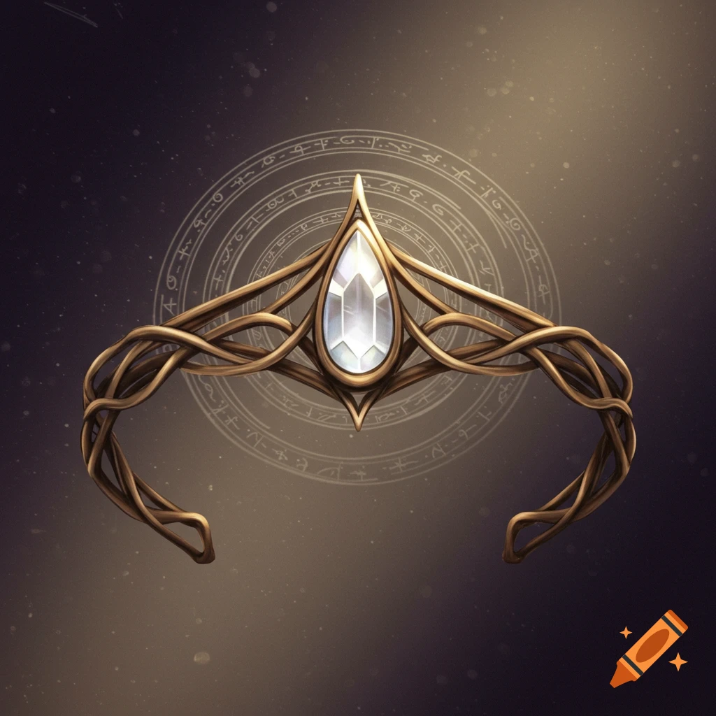 An ornate bronze fantasy crown with a large central crystal is depicted. Behind the crown is a symbolic circular pattern.