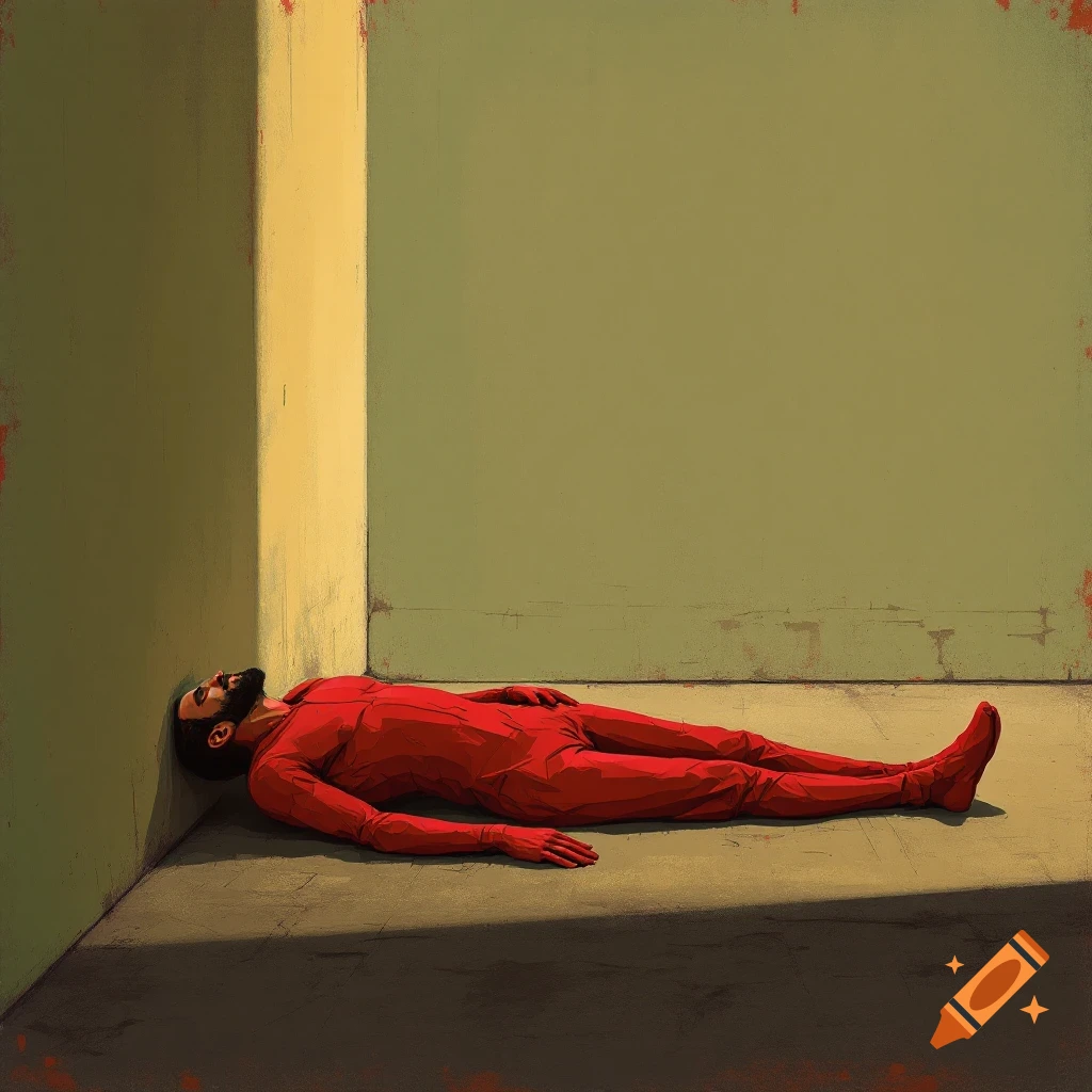A person in a red suit is lying in the corner of a stark room.