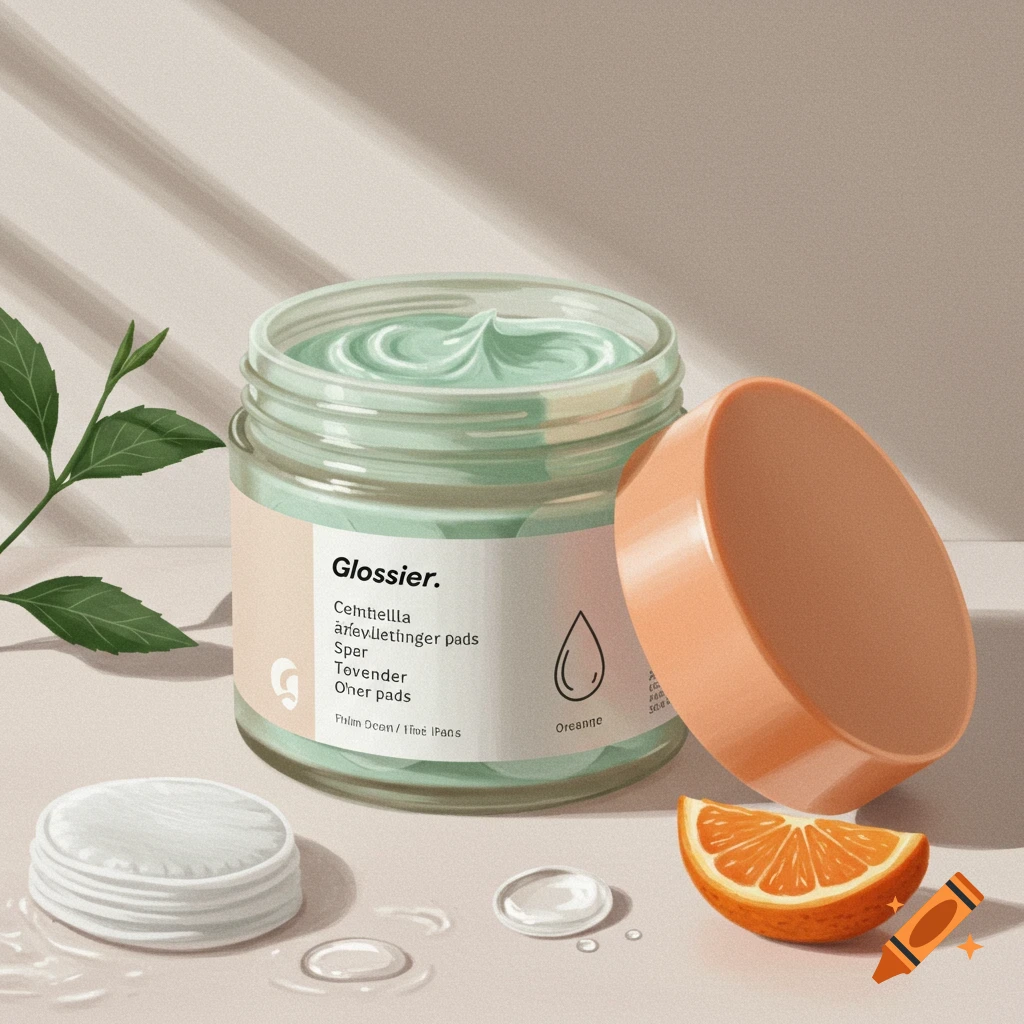 A jar of skincare product, cotton pads, an orange slice, and a leaf on a surface.