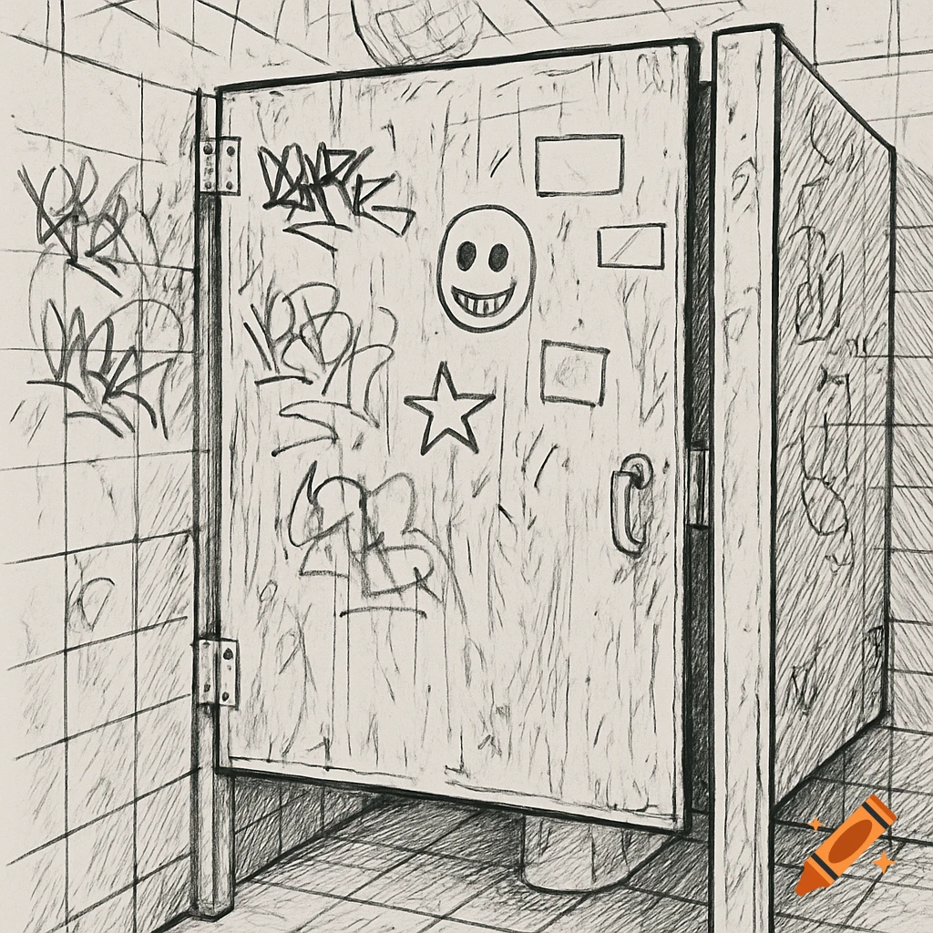 A black and white line drawing of a grunge bar bathroom stall door covered in graffiti and stickers.