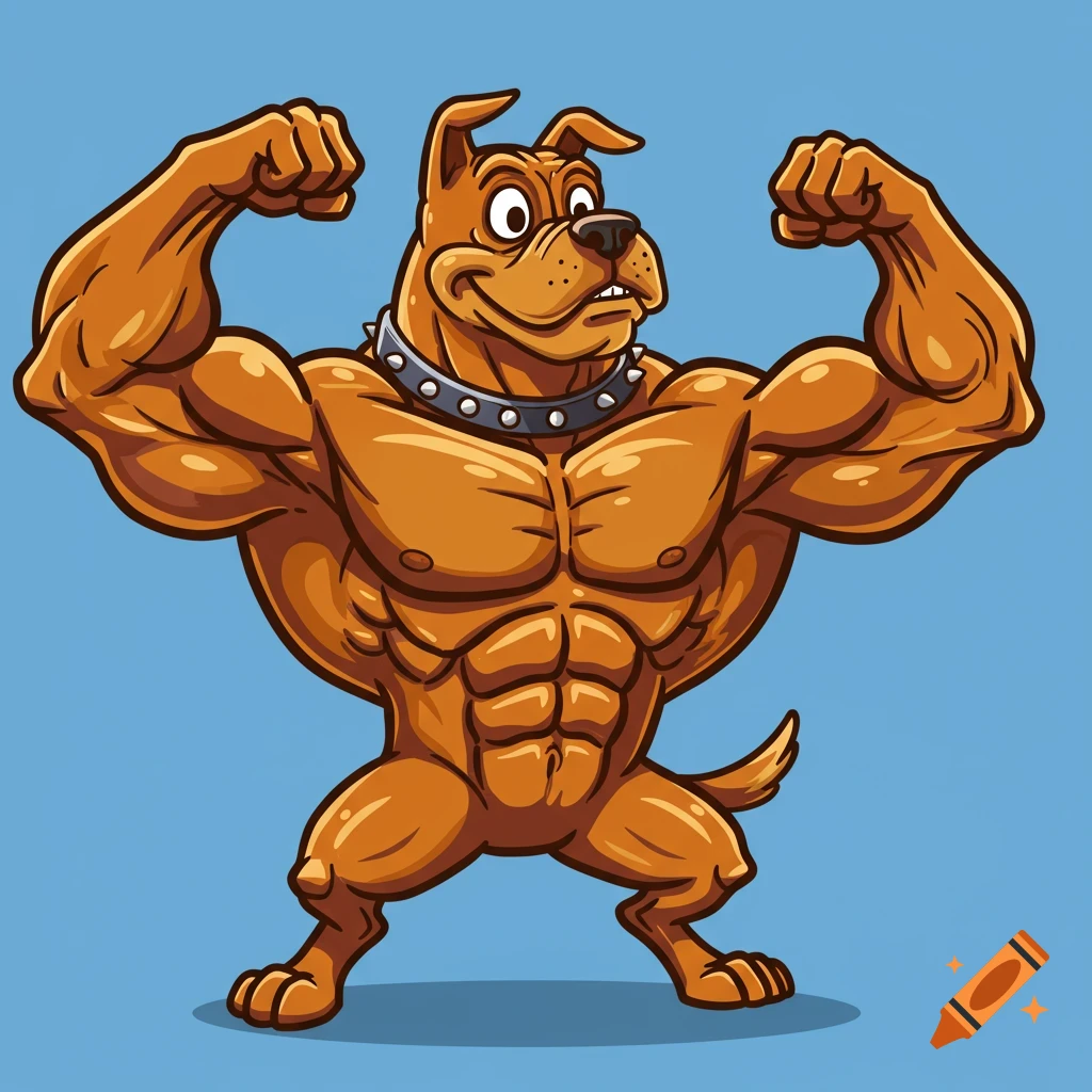 Cartoon brown muscular dog flexing biceps