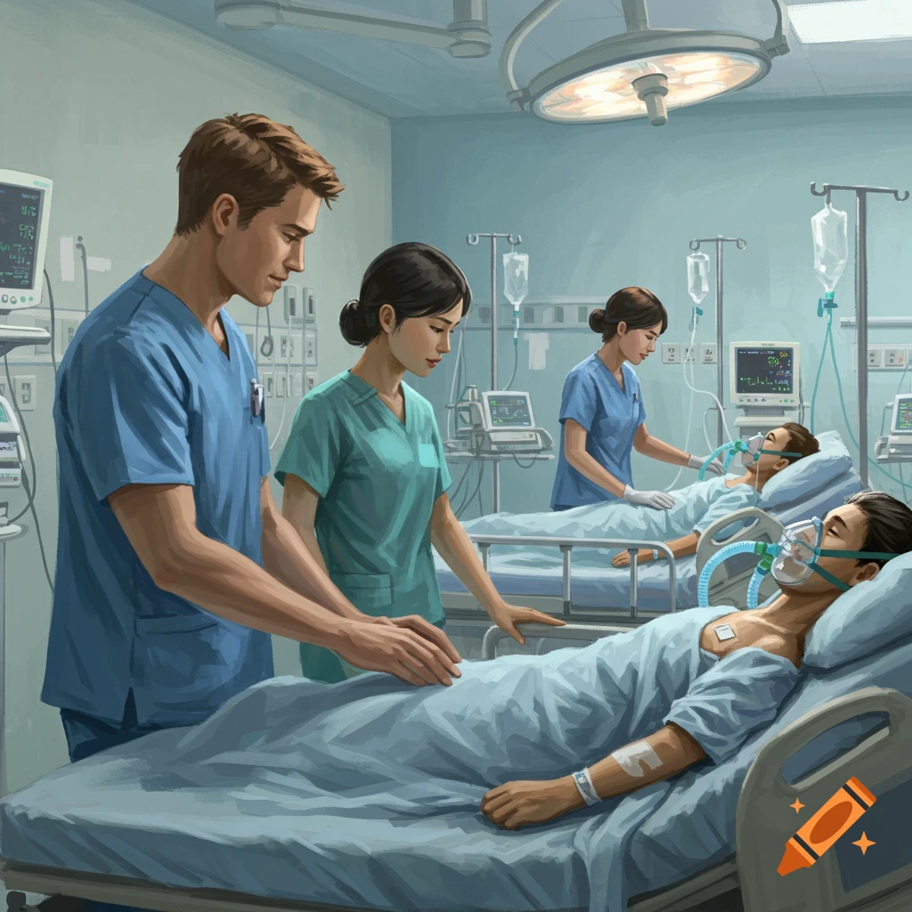 Nurses are caring for patients with oxygen masks in a hospital room.