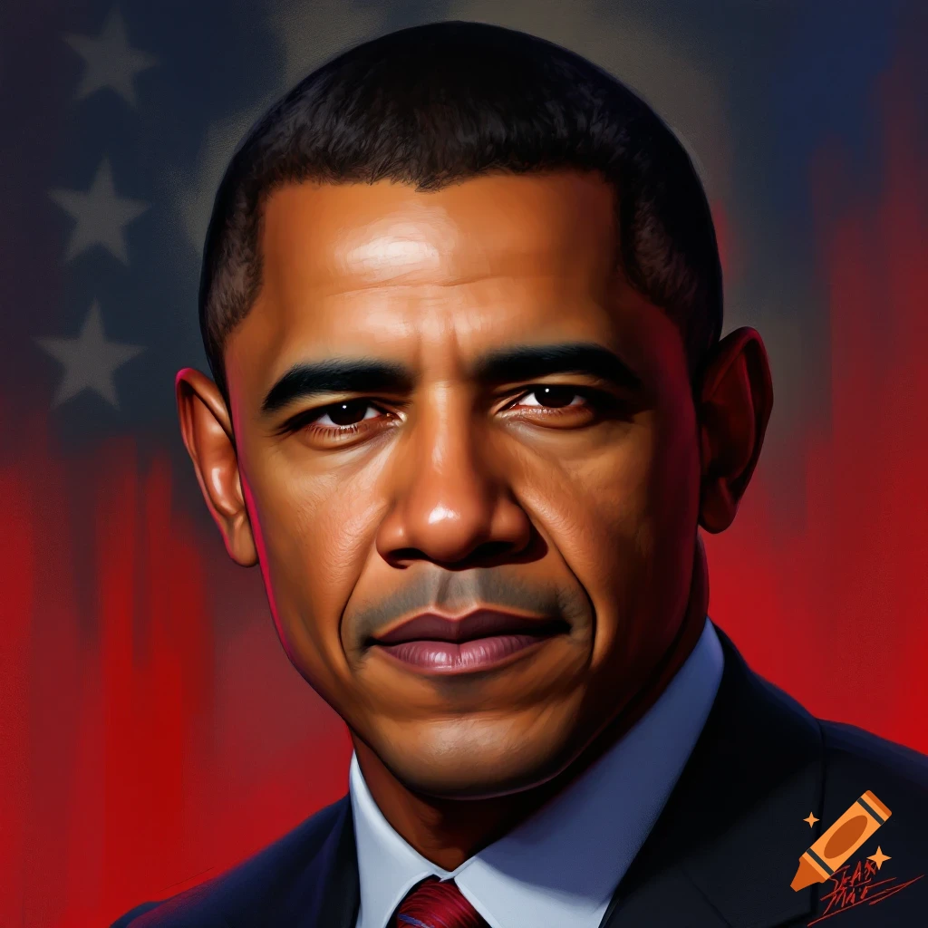 Portrait of Barack Obama in a suit against a US flag background.