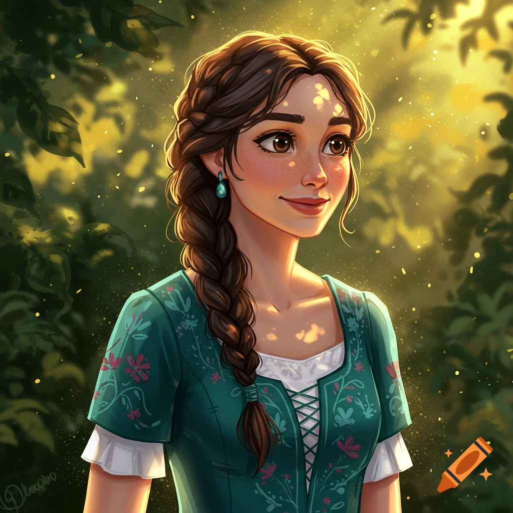 A young woman with a braid in a green dress smiles in a sun-dappled forest.