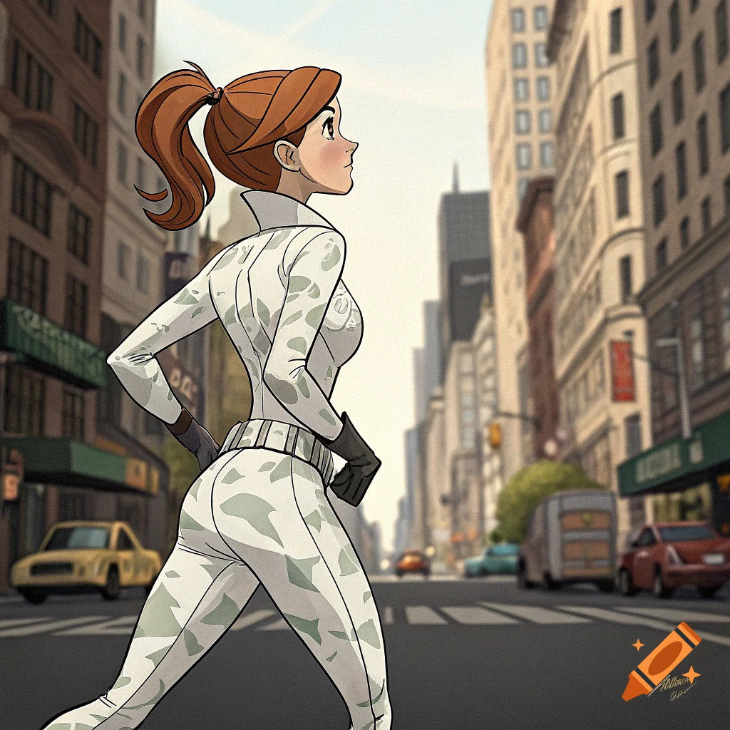 Cartoon woman in a white camo suit walking down a city street