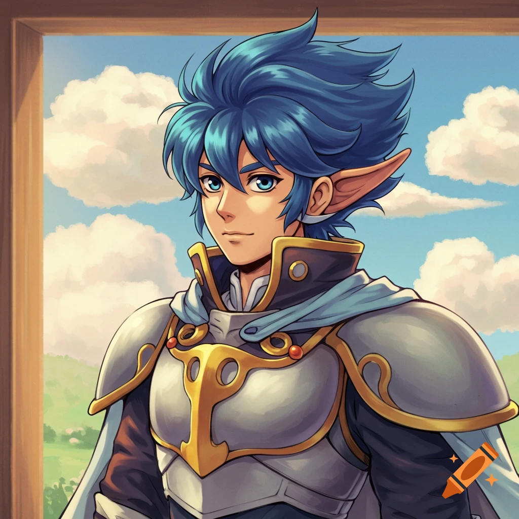 Anime portrait of a blue-haired elf character in armor against a cloudy sky backdrop.