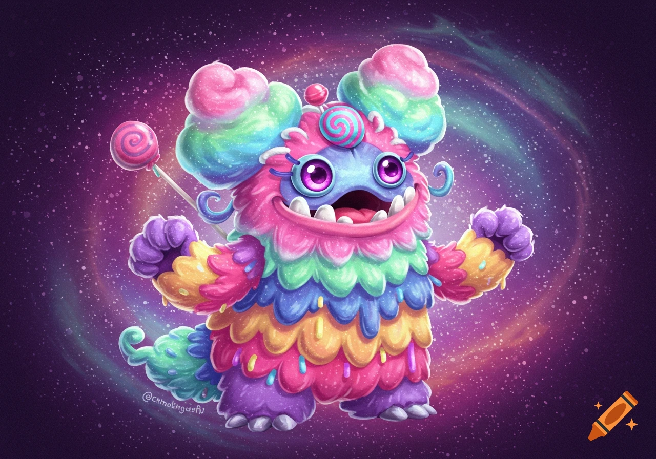 Colorful fluffy candy monster with lollipop in space.