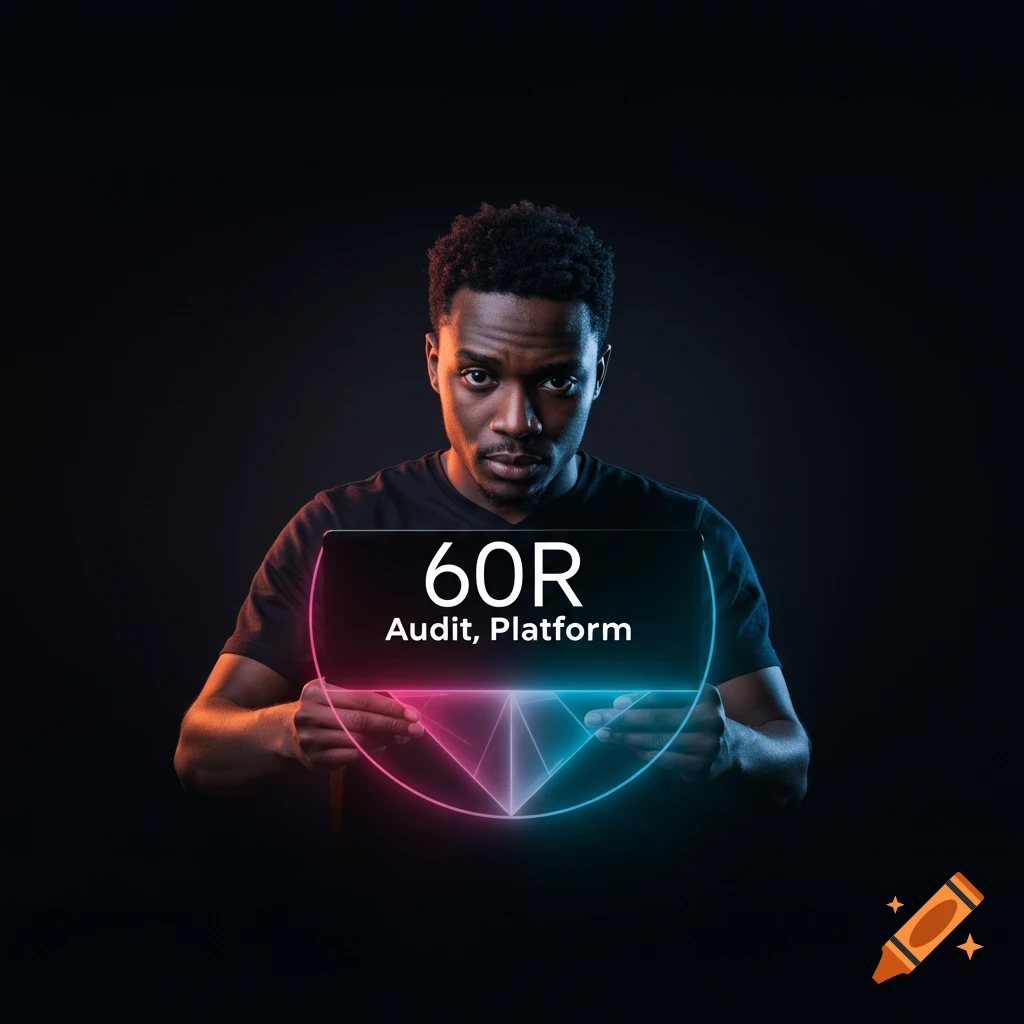 Man holding a neon display with '60R Audit, Platform' text against a dark background.