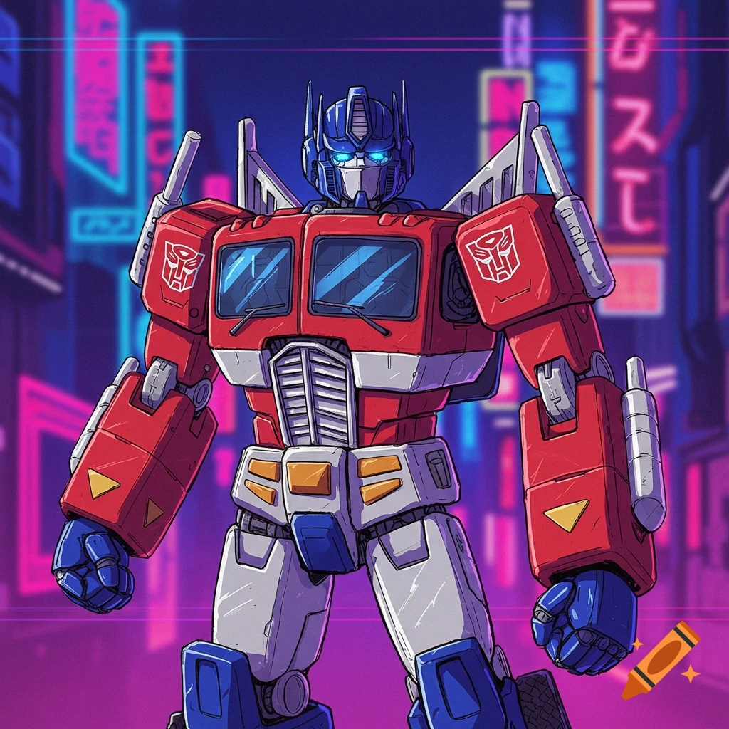 Digital illustration of Optimus Prime standing on a neon-lit cyberpunk street.