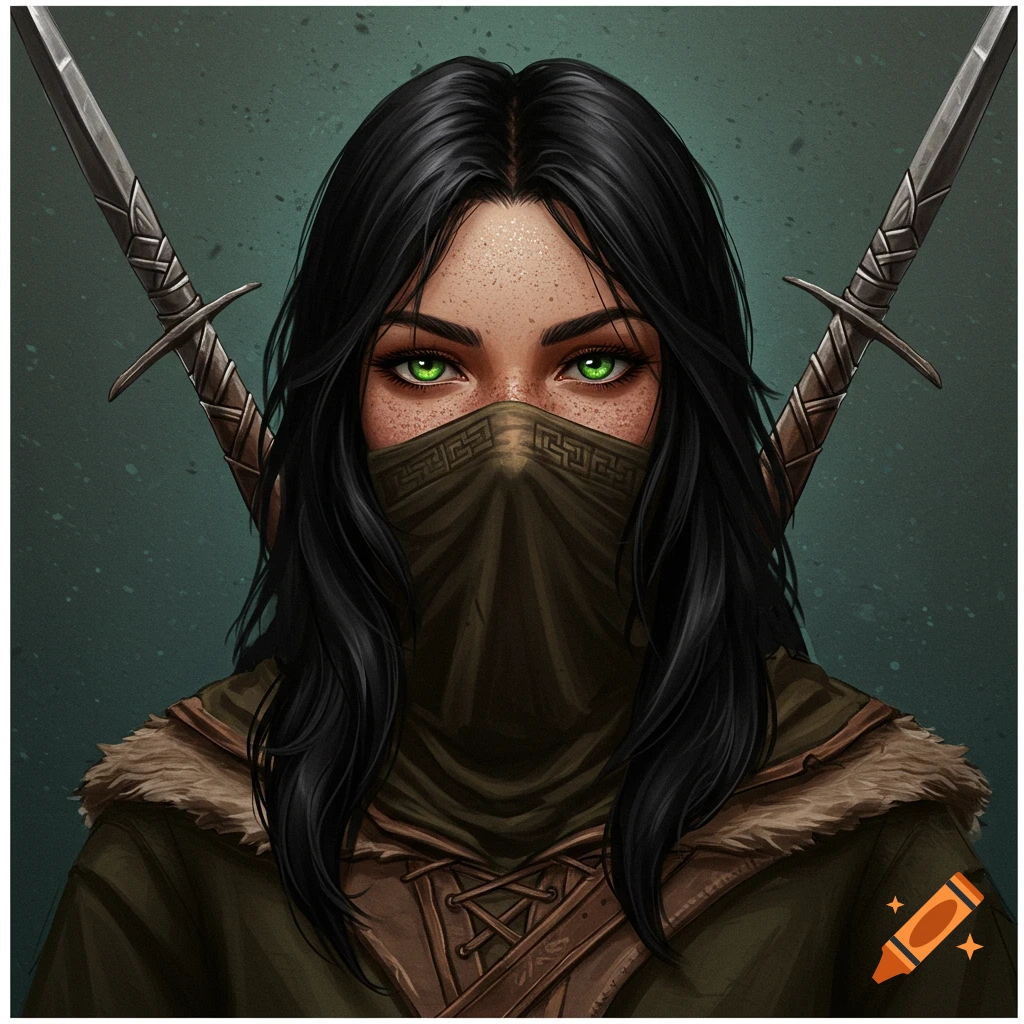 A masked female character with green eyes, freckles, and swords.