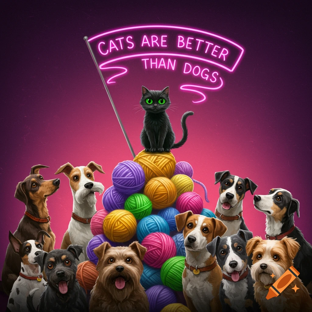 A black cat sits on a pile of yarn, surrounded by dogs, under a neon sign that reads 'CATS ARE BETTER THAN DOGS'.