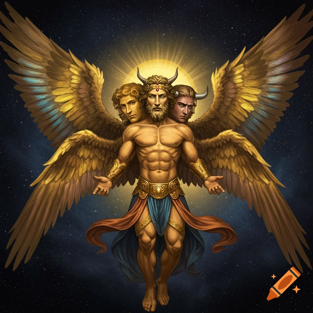 Multi-headed biblical creature with golden wings.