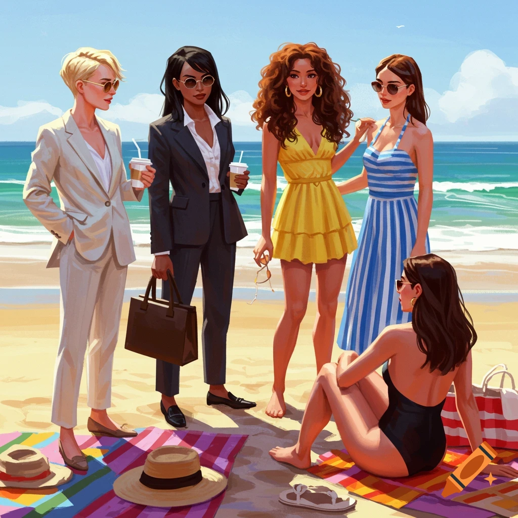 Women in suits and beachwear on a beach.