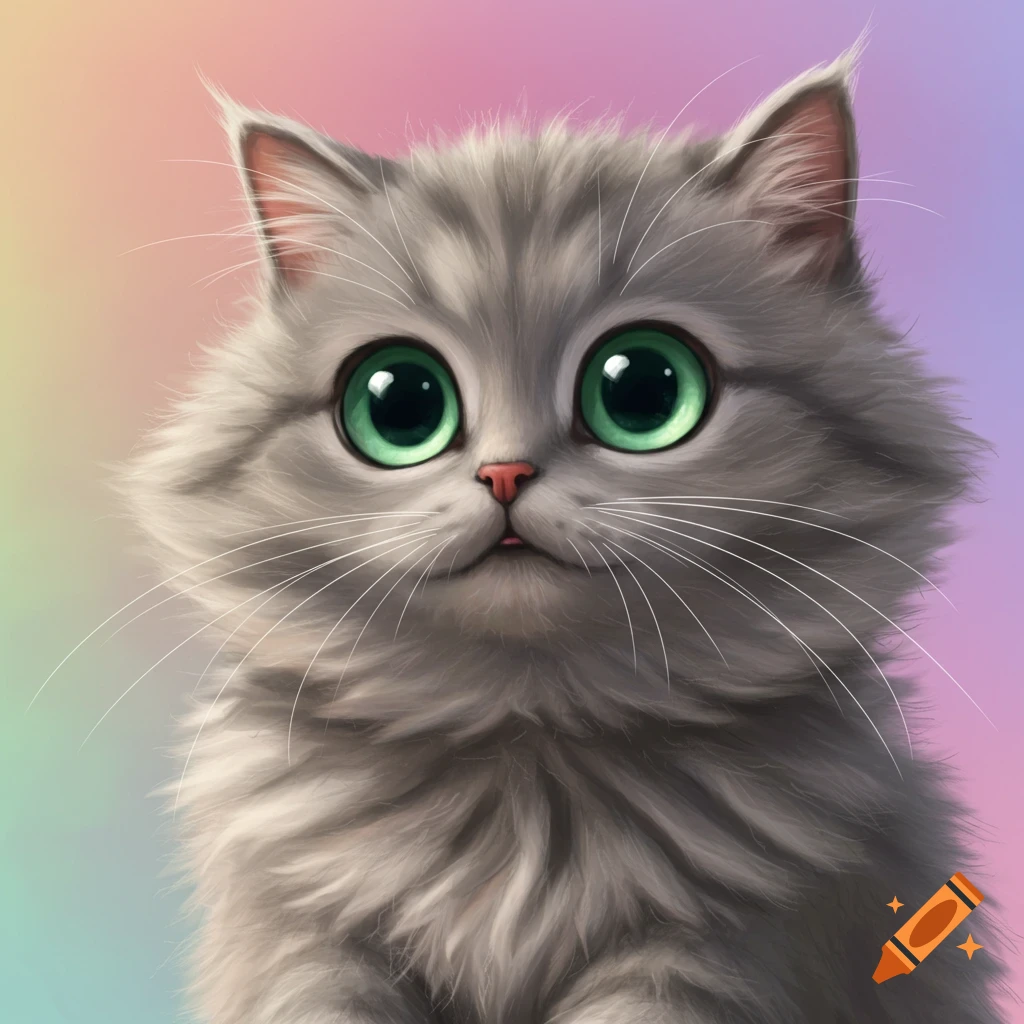 A cute fluffy grey kitten with large green eyes.