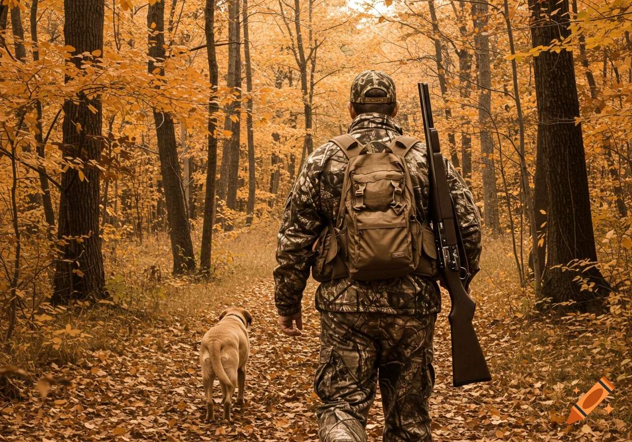 A hunter in camouflage clothing with a rifle walks through an autumn forest with a Labrador retriever.