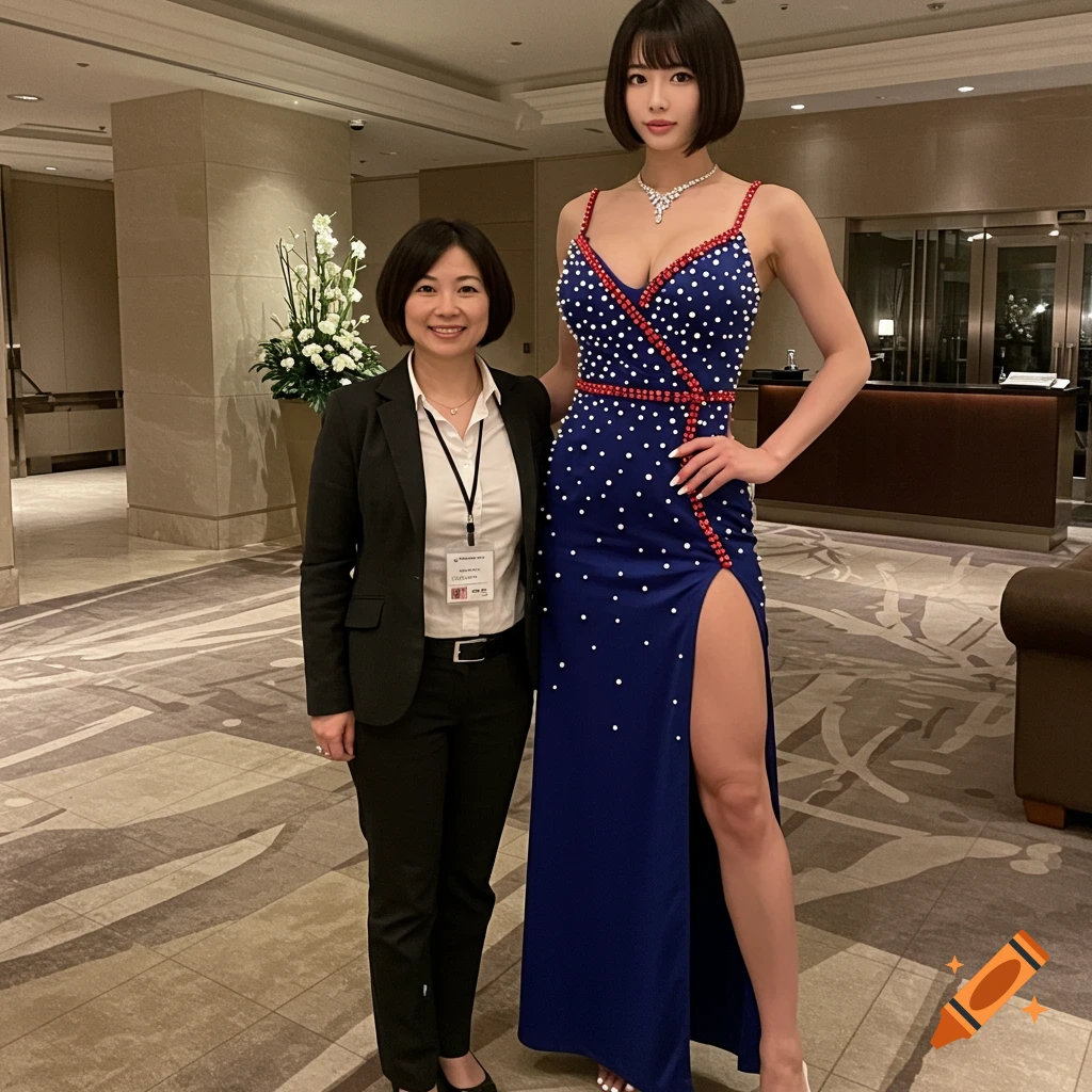 Two women standing in a hotel lobby, one in a long blue dress and one in a business suit.