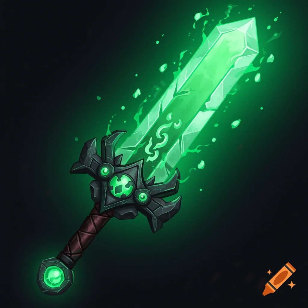 A glowing emerald fantasy sword with a dark, intricate hilt.