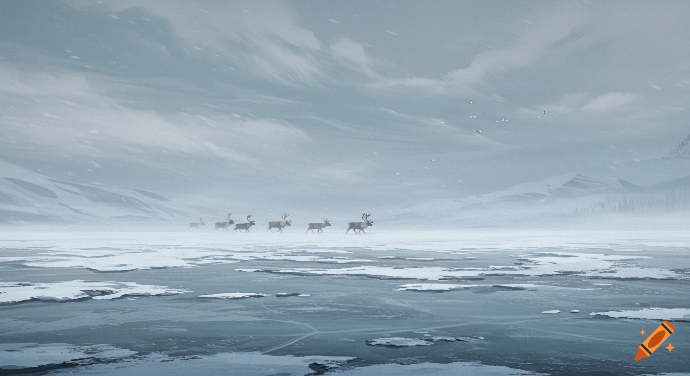 Several reindeer crossing a vast, icy landscape in a snowy, cloudy tundra with distant mountains.