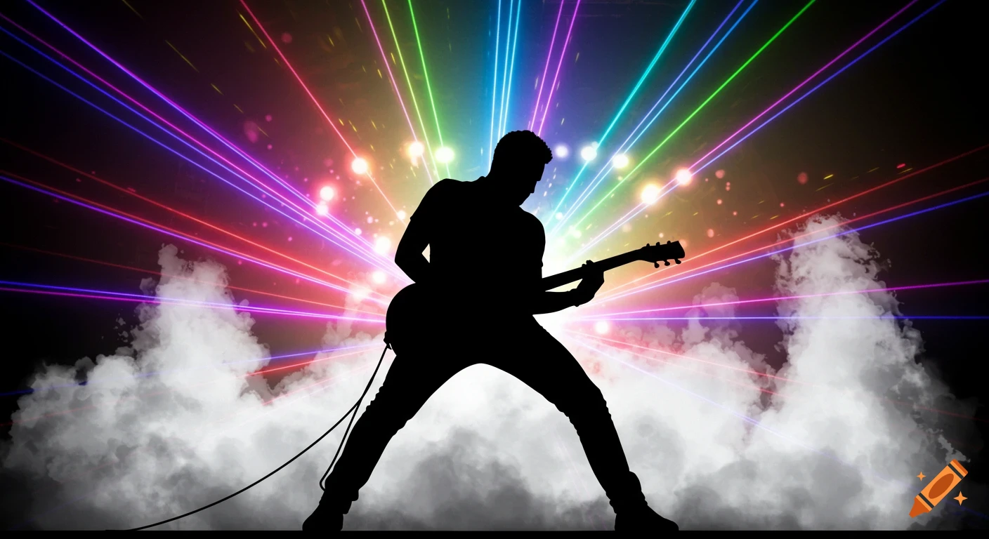 Silhouette of a guitarist playing a guitar on stage with colorful laser lights and smoke.