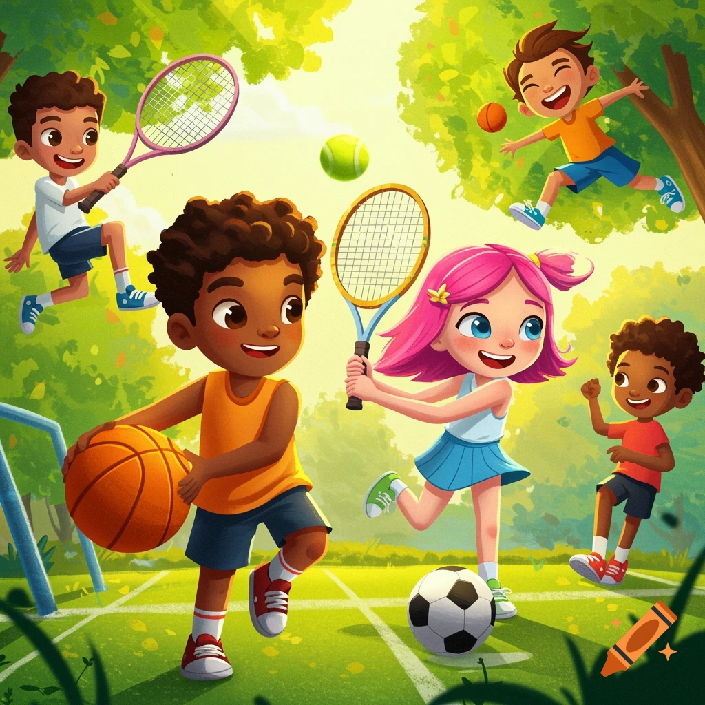 Cartoon painting of diverse children playing basketball, tennis, and soccer in a park.
