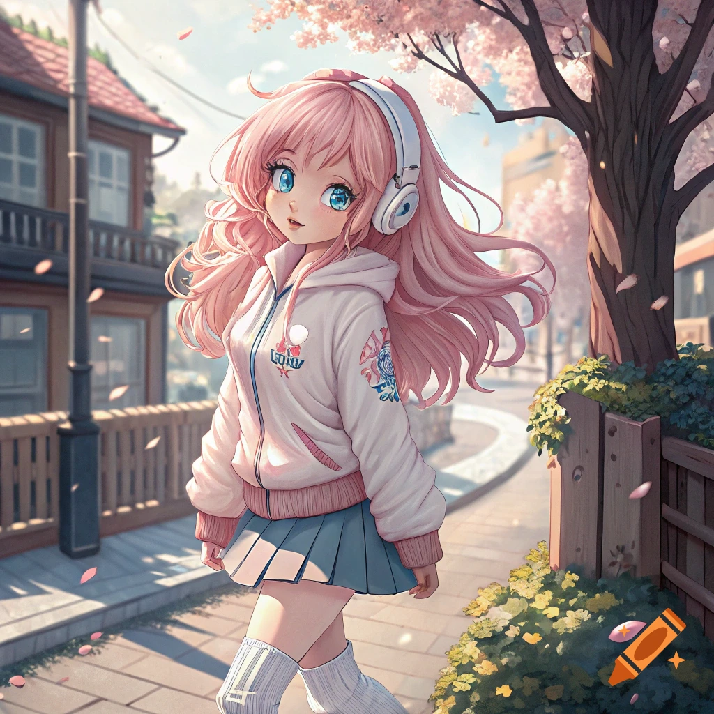 Anime girl with pink hair and blue eyes in a hoodie, skirt, and headphones on a street with cherry blossoms.
