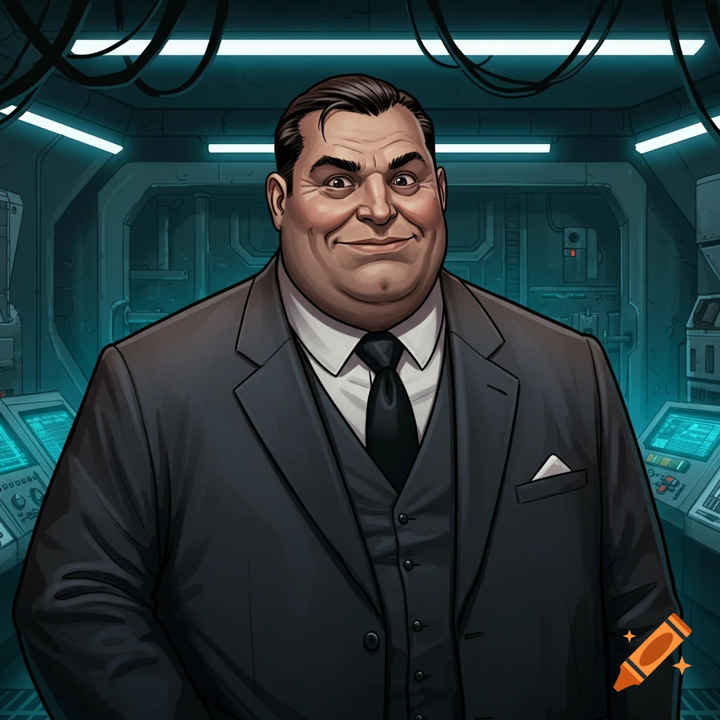 A heavy-set man in a suit stands in a sci-fi control room.