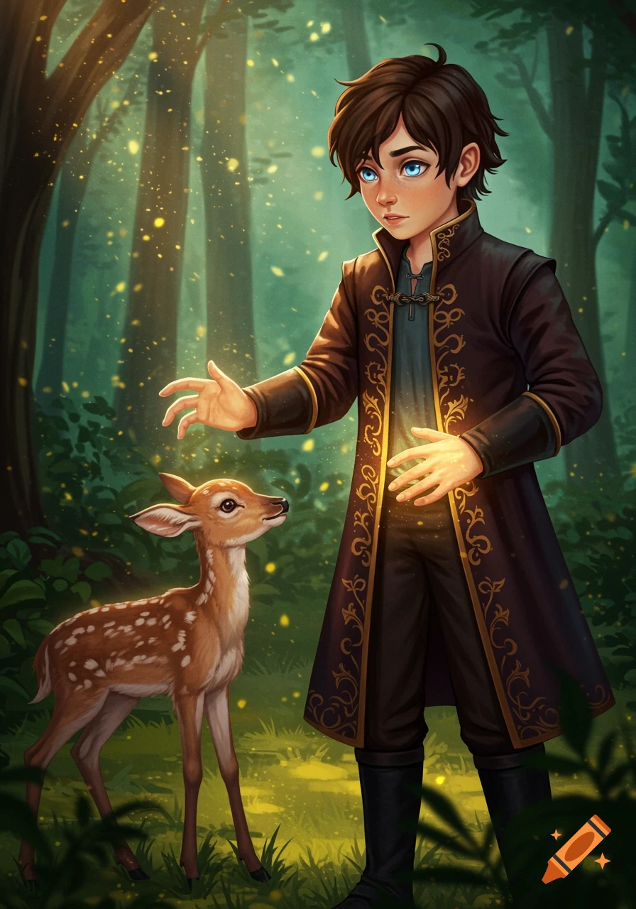 A boy with glowing hands looks at a fawn in a forest.