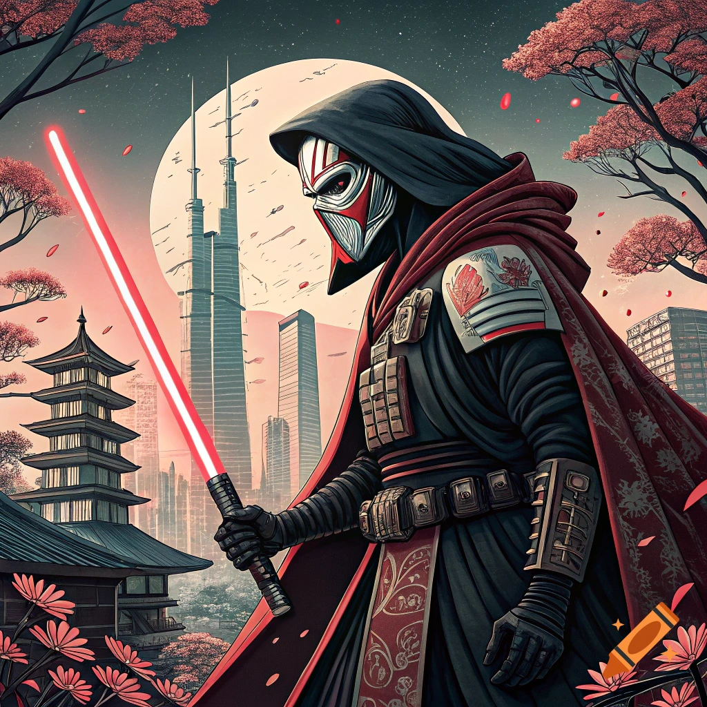 Kylo Ren-like figure in Japanese style holds a lightsaber in a landscape with a temple, skyscrapers, and cherry blossoms under a full moon.