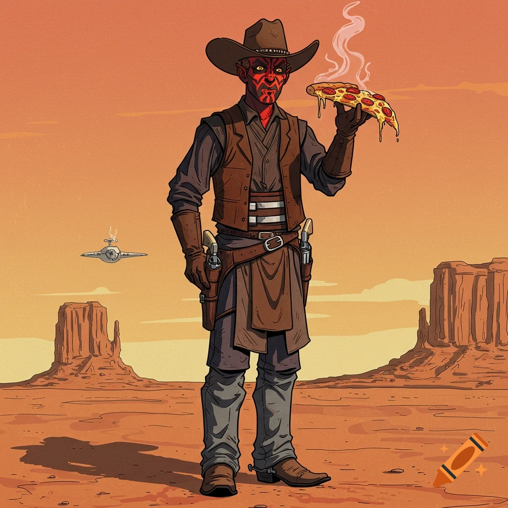 Darth Maul as a cowboy in a desert holds a slice of pizza. A spacecraft is in the background. Digital art.