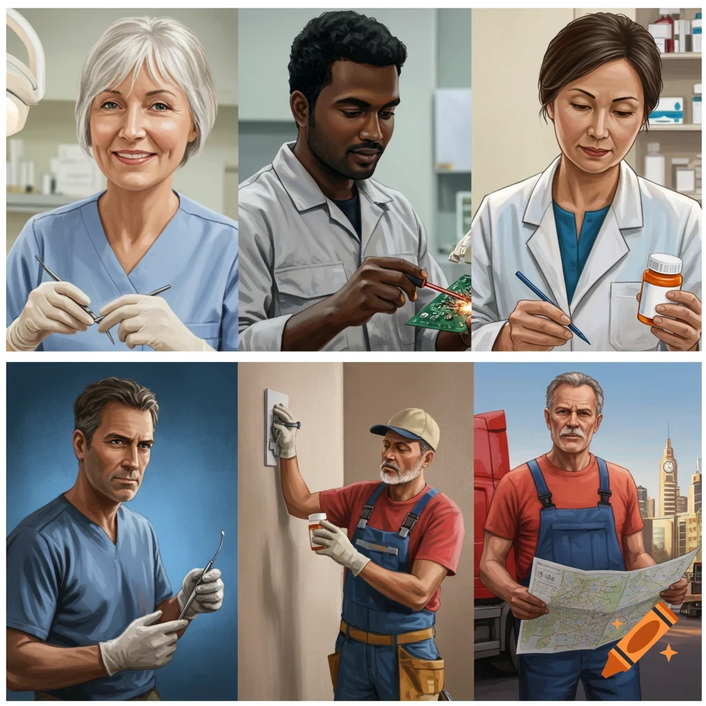 Grid of people in various professions: a dental hygienist, electrician, pharmacist, medical professional, drywall installer, and truck driver.