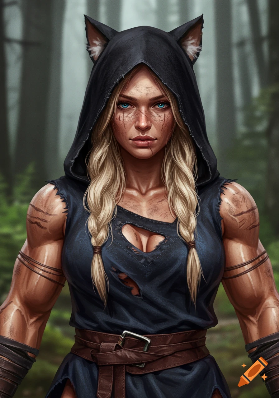 Portrait of a muscular blonde fantasy woman with cat ears in a black hood and torn blue tunic, standing in a forest.