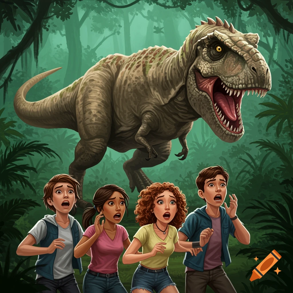 A T-Rex chases scared teenagers in a lush prehistoric jungle, comic book style.