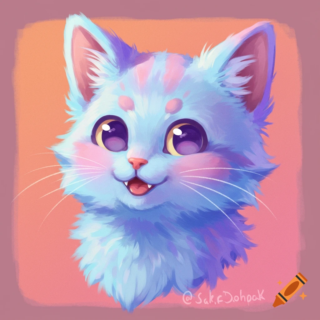A cute fluffy blue cat with pink cheeks and purple accents, smiling.