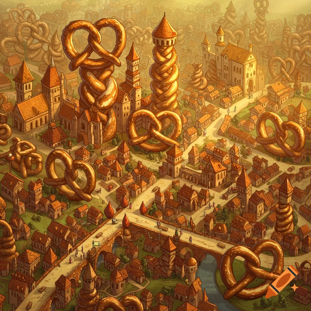 A city with buildings and towers made of pretzels.
