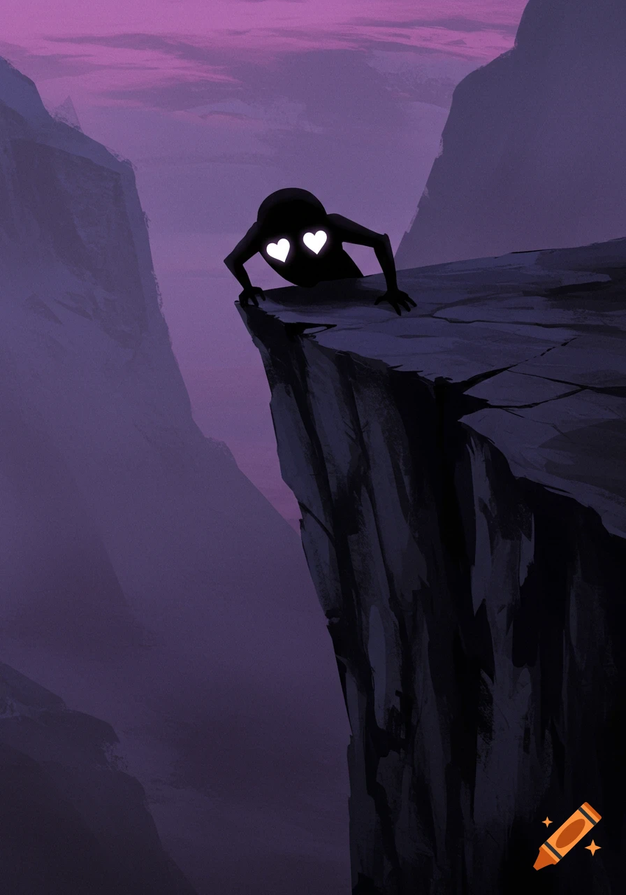 A shadowed figure with glowing heart eyes grips the edge of a dark cliff under a purple sky.