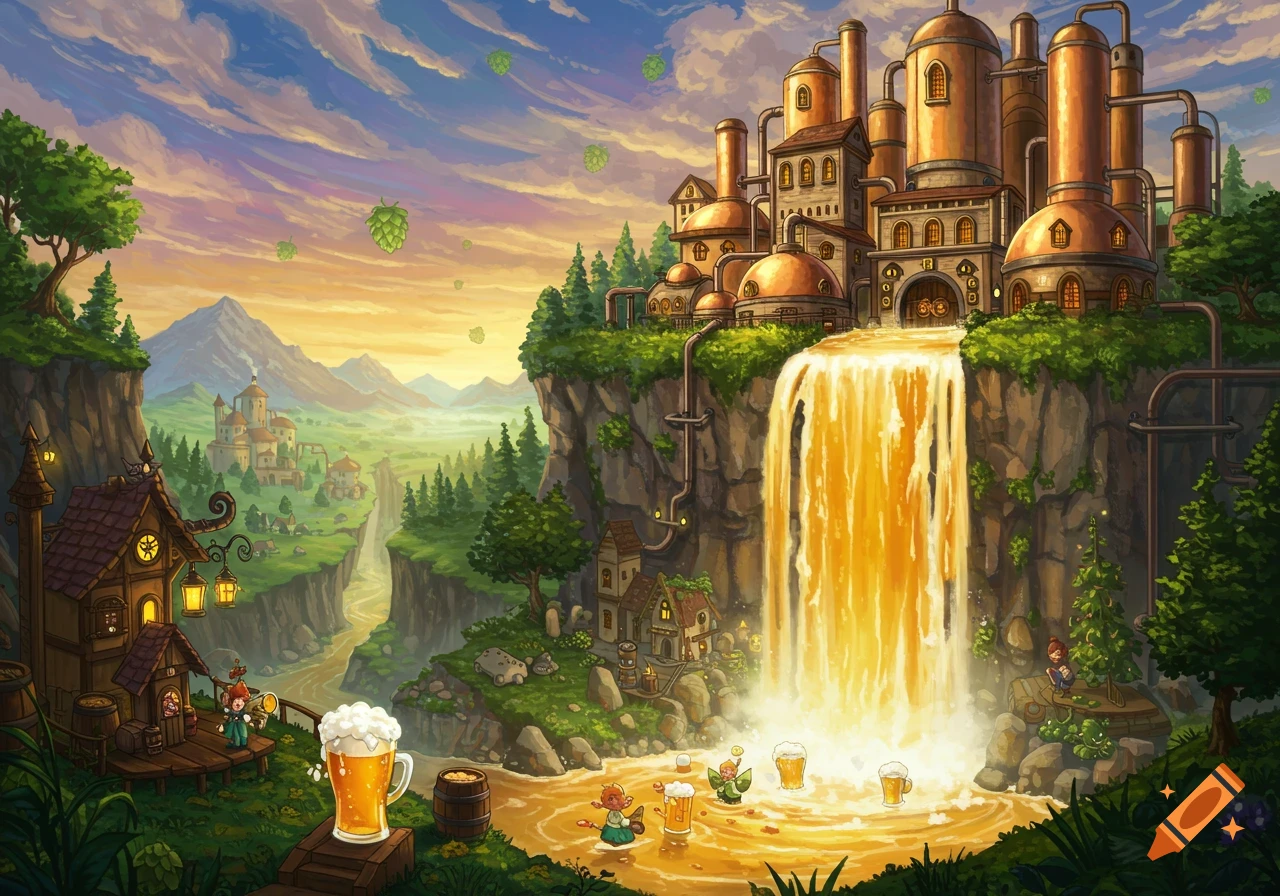 A fantasy brewery built into a cliff with a beer waterfall and small figures.