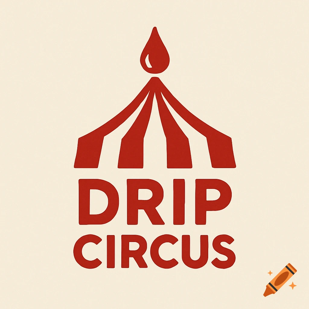 A simple logo featuring a red circus tent shape with a teardrop on top, and the text "DRIP CIRCUS" below.