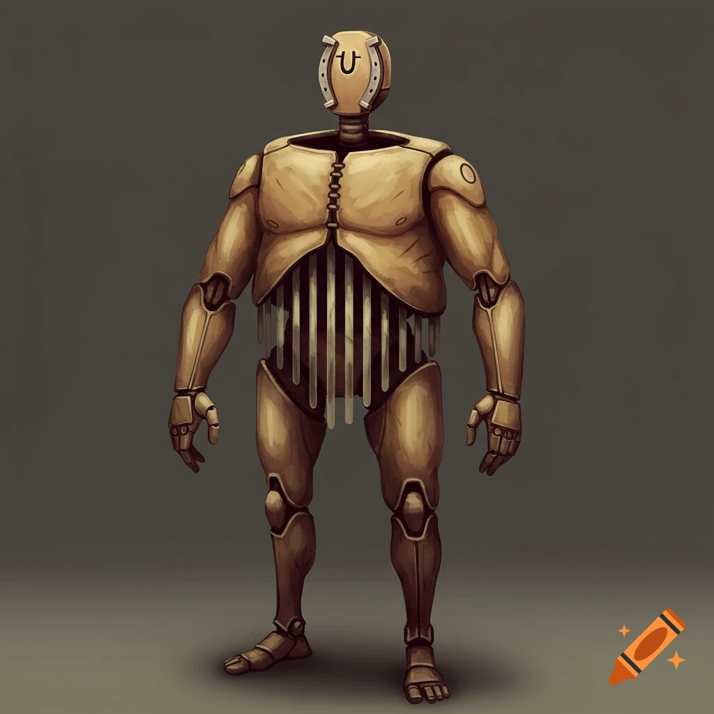 A metallic humanoid robot with articulated limbs, a horseshoe on its head, and a chest cavity.