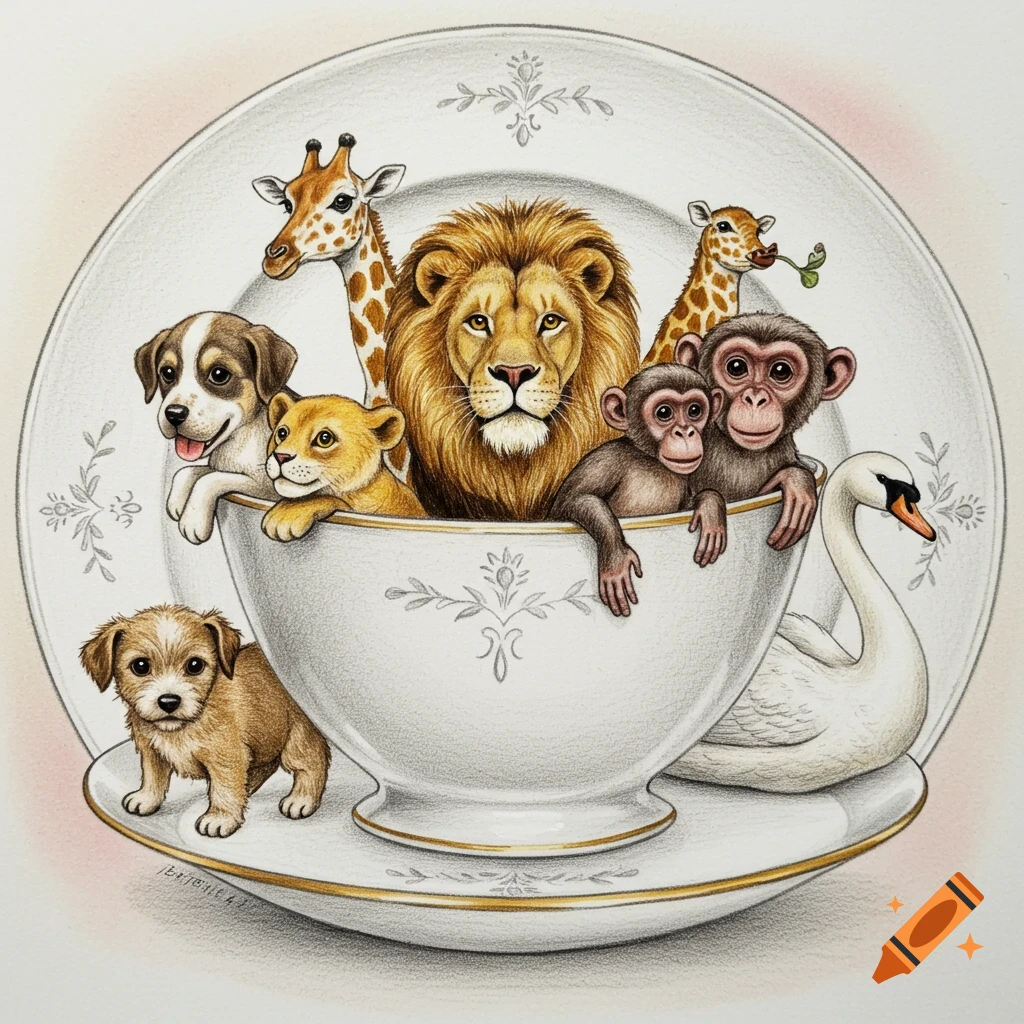 A colored pencil drawing of a teacup on a saucer filled with various animals including a lion, giraffes, monkeys, dogs, and a swan.