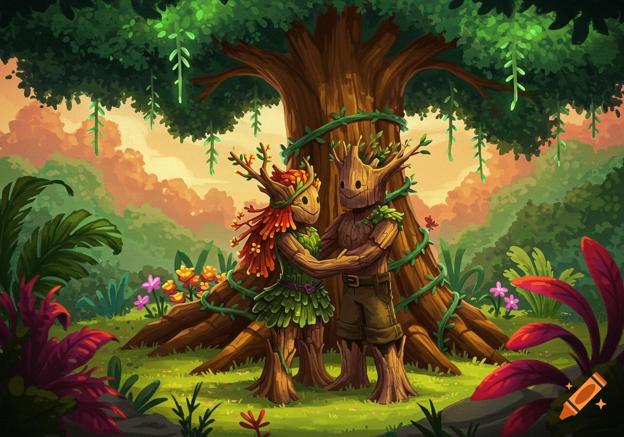 A picture shows two stylized tree creatures holding hands in a vibrant forest setting.